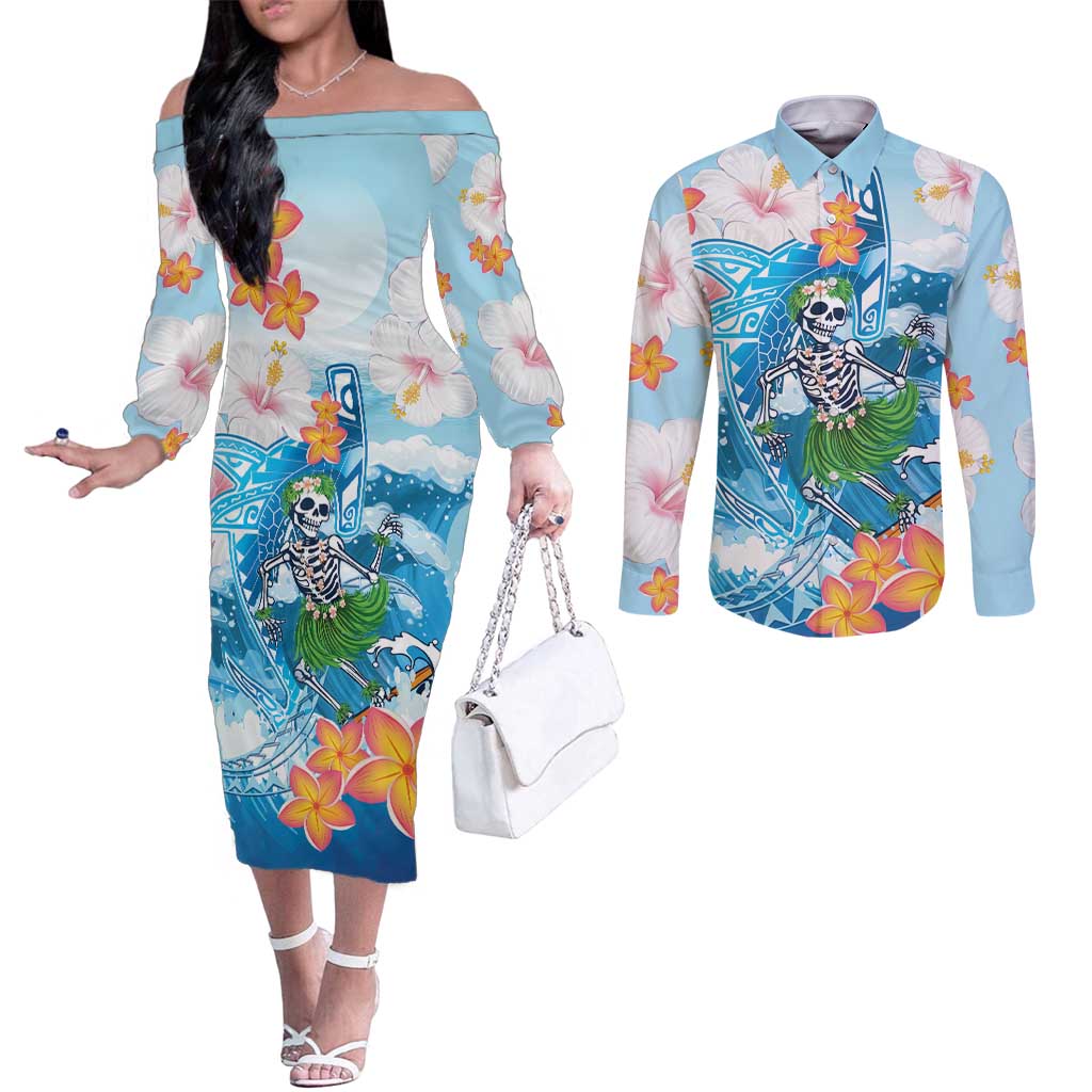 Personalized Hawaii Hula Girl Skeleton Dancing Couples Matching Off The Shoulder Long Sleeve Dress and Long Sleeve Button Shirt Hibiscus Tribal Shark LT01 Blue - Polynesian Pride