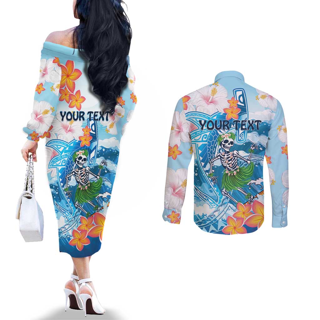 Personalized Hawaii Hula Girl Skeleton Dancing Couples Matching Off The Shoulder Long Sleeve Dress and Long Sleeve Button Shirt Hibiscus Tribal Shark LT01 - Polynesian Pride