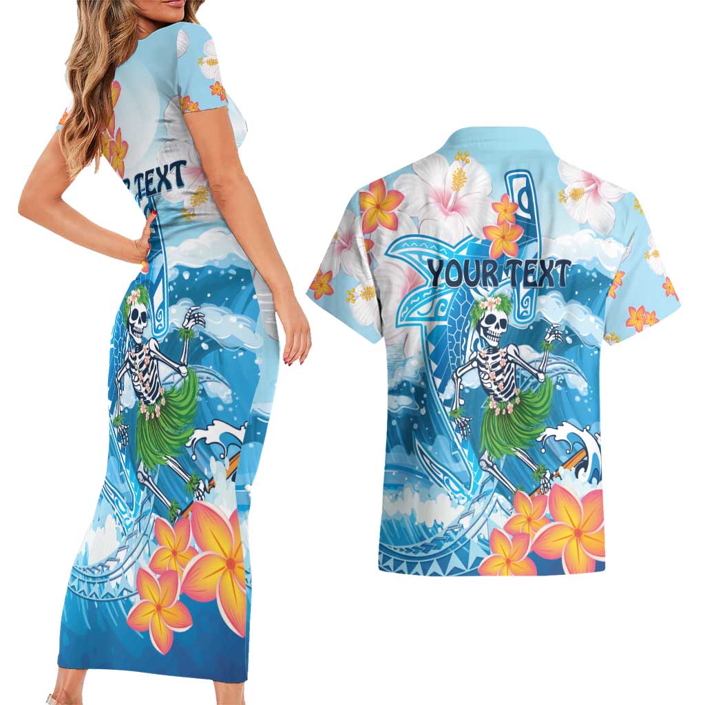 Personalized Hawaii Hula Girl Skeleton Dancing Couples Matching Short Sleeve Bodycon Dress and Hawaiian Shirt Hibiscus Tribal Shark LT01 - Polynesian Pride