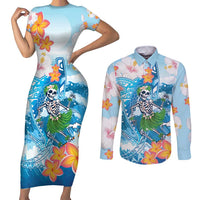 Personalized Hawaii Hula Girl Skeleton Dancing Couples Matching Short Sleeve Bodycon Dress and Long Sleeve Button Shirt Hibiscus Tribal Shark LT01 Blue - Polynesian Pride