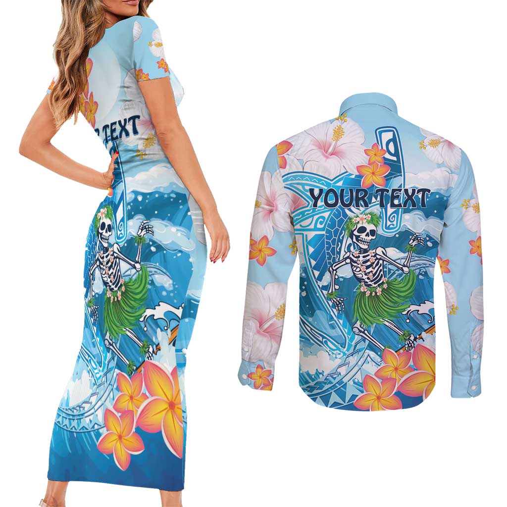 Personalized Hawaii Hula Girl Skeleton Dancing Couples Matching Short Sleeve Bodycon Dress and Long Sleeve Button Shirt Hibiscus Tribal Shark LT01 - Polynesian Pride