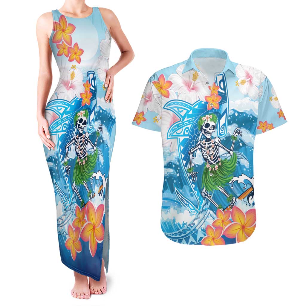 Personalized Hawaii Hula Girl Skeleton Dancing Couples Matching Tank Maxi Dress and Hawaiian Shirt Hibiscus Tribal Shark LT01 Blue - Polynesian Pride