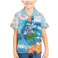 Personalized Hawaii Hula Girl Skeleton Dancing Family Matching Mermaid Dress and Hawaiian Shirt Hibiscus Tribal Shark LT01 Son's Shirt Blue - Polynesian Pride