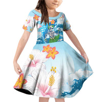 Personalized Hawaii Hula Girl Skeleton Dancing Family Matching Off Shoulder Short Dress and Hawaiian Shirt Hibiscus Tribal Shark LT01 Daughter's Dress Blue - Polynesian Pride