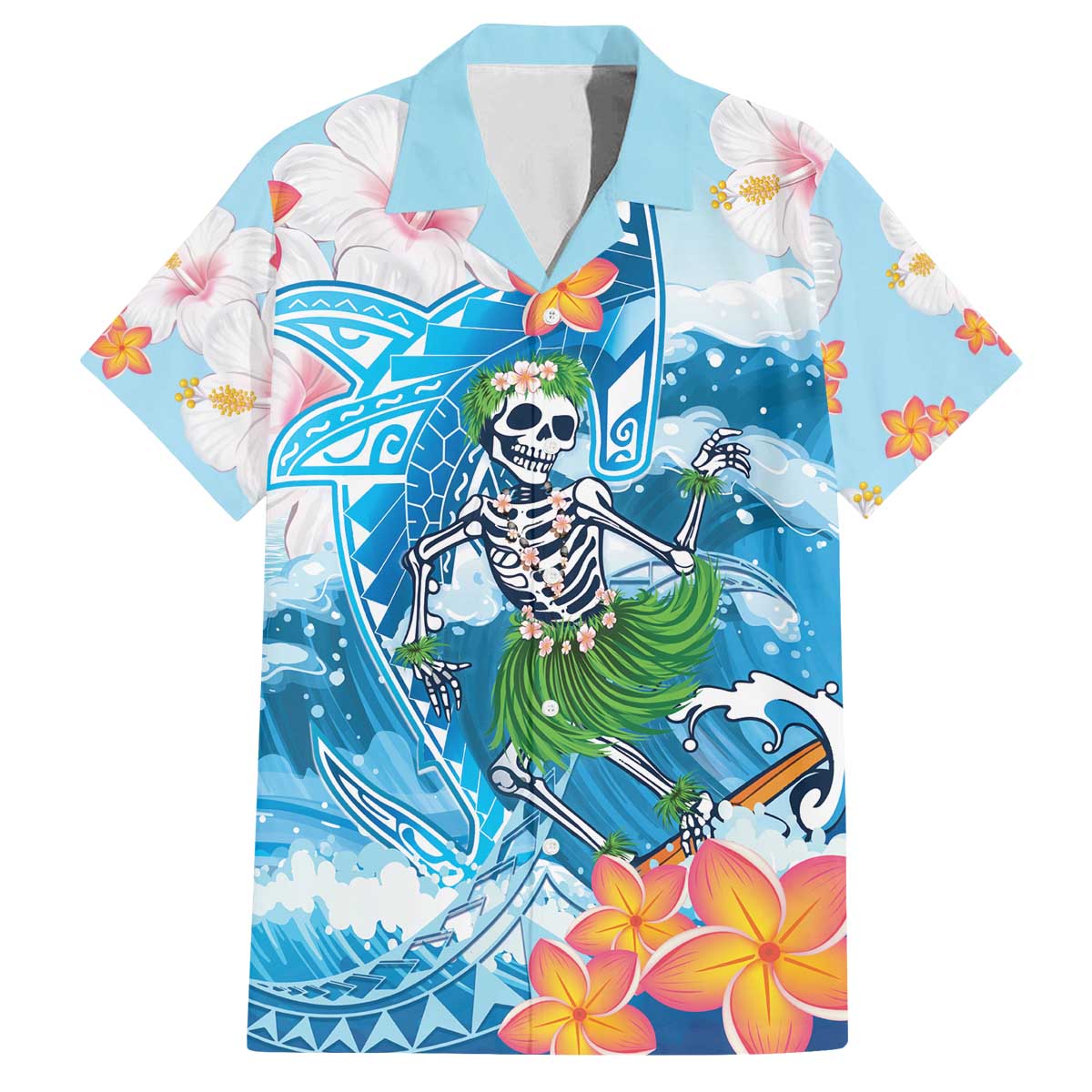 Personalized Hawaii Hula Girl Skeleton Dancing Family Matching Off Shoulder Short Dress and Hawaiian Shirt Hibiscus Tribal Shark LT01 Dad's Shirt - Short Sleeve Blue - Polynesian Pride