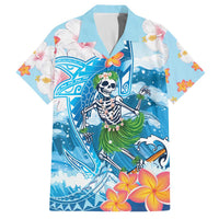 Personalized Hawaii Hula Girl Skeleton Dancing Family Matching Off Shoulder Short Dress and Hawaiian Shirt Hibiscus Tribal Shark LT01 Dad's Shirt - Short Sleeve Blue - Polynesian Pride