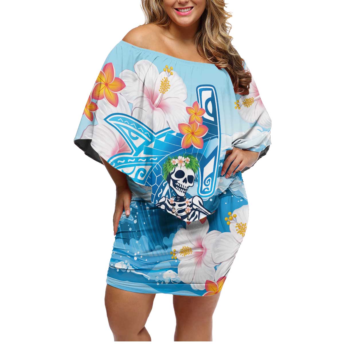 Personalized Hawaii Hula Girl Skeleton Dancing Family Matching Off Shoulder Short Dress and Hawaiian Shirt Hibiscus Tribal Shark LT01 Mom's Dress Blue - Polynesian Pride