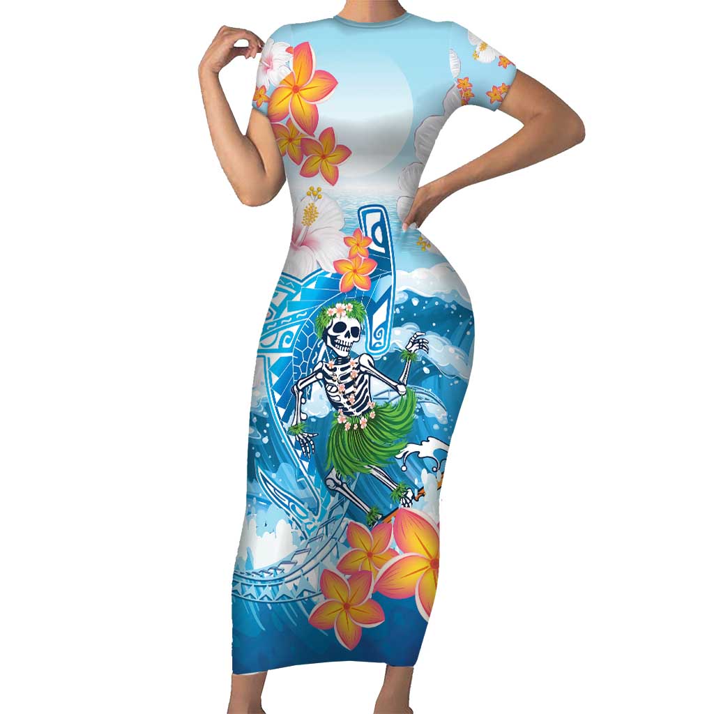Personalized Hawaii Hula Girl Skeleton Dancing Family Matching Short Sleeve Bodycon Dress and Hawaiian Shirt Hibiscus Tribal Shark LT01 Mom's Dress Blue - Polynesian Pride