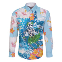 Personalized Hawaii Hula Girl Skeleton Dancing Family Matching Tank Maxi Dress and Hawaiian Shirt Hibiscus Tribal Shark LT01 Dad's Shirt - Long Sleeve Blue - Polynesian Pride