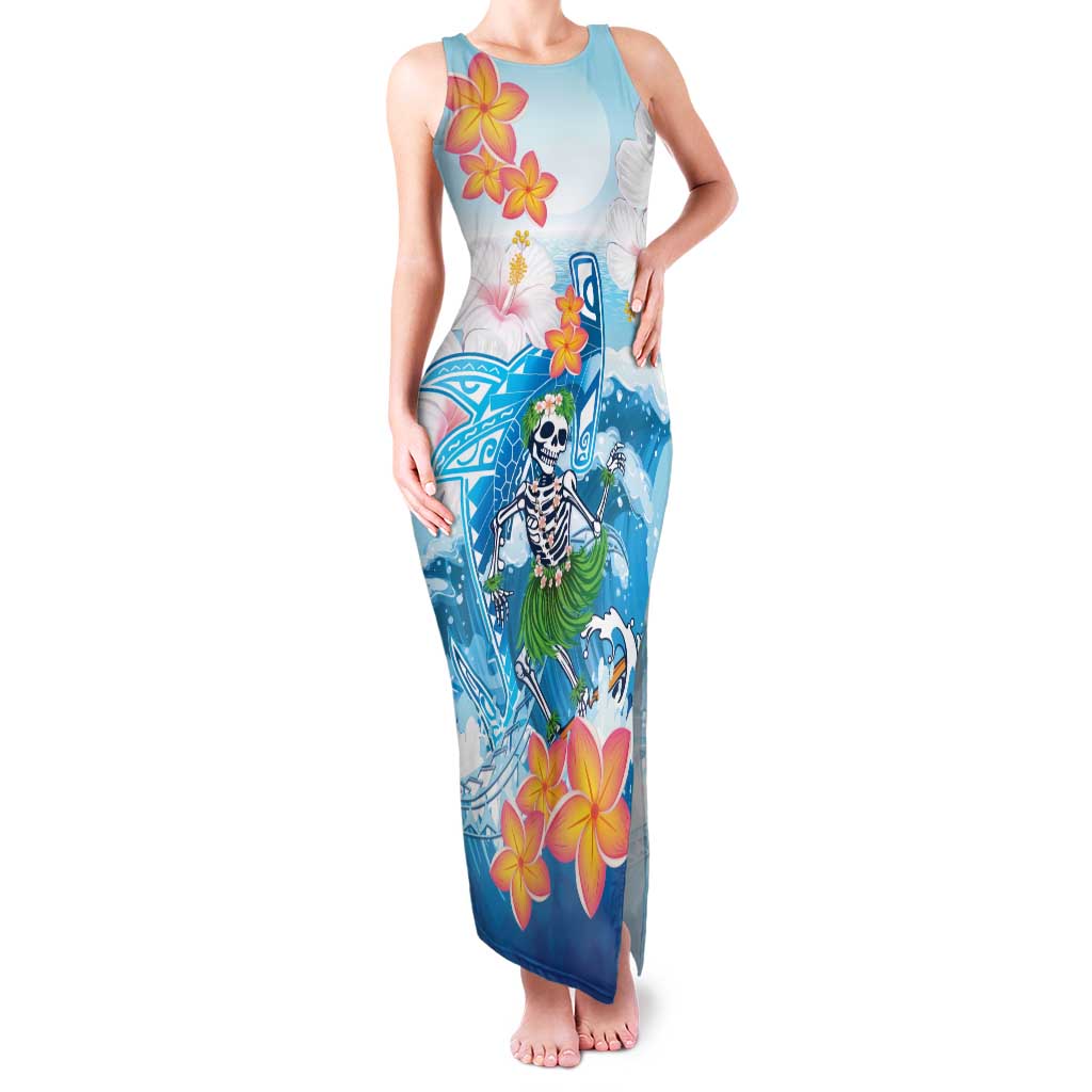 Personalized Hawaii Hula Girl Skeleton Dancing Family Matching Tank Maxi Dress and Hawaiian Shirt Hibiscus Tribal Shark LT01 Mom's Dress Blue - Polynesian Pride