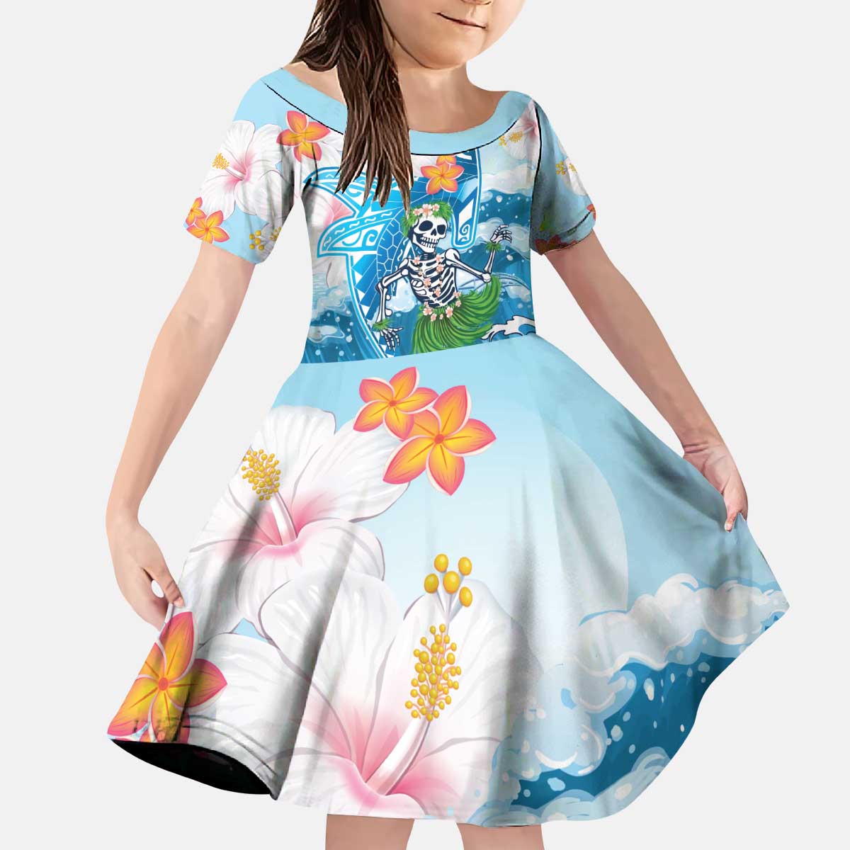 Personalized Hawaii Hula Girl Skeleton Dancing Kid Short Sleeve Dress Hibiscus Tribal Shark