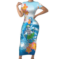Personalized Hawaii Hula Girl Skeleton Dancing Short Sleeve Bodycon Dress Hibiscus Tribal Shark