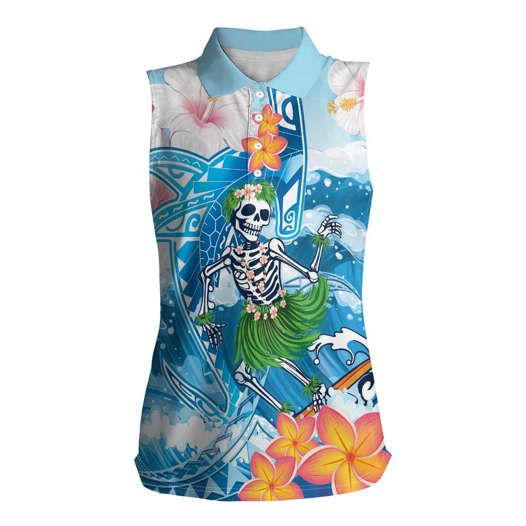 Personalized Hawaii Hula Girl Skeleton Dancing Women Sleeveless Polo Shirt Hibiscus Tribal Shark LT01 Female Blue - Polynesian Pride