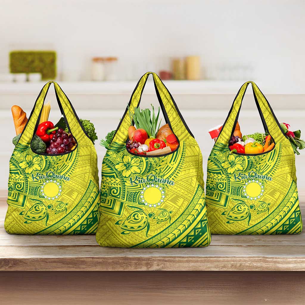 Kia Orana Cook Islands Grocery Bag Turtle Yellow Green Polynesian Pattern