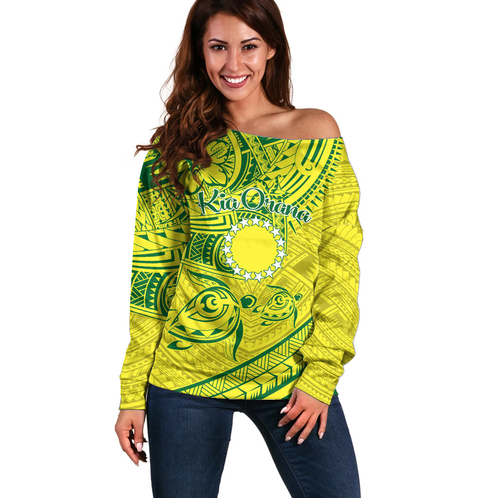 Kia Orana Cook Islands Off Shoulder Sweater Turtle Yellow Green Polynesian Pattern LT01 Women Green - Polynesian Pride
