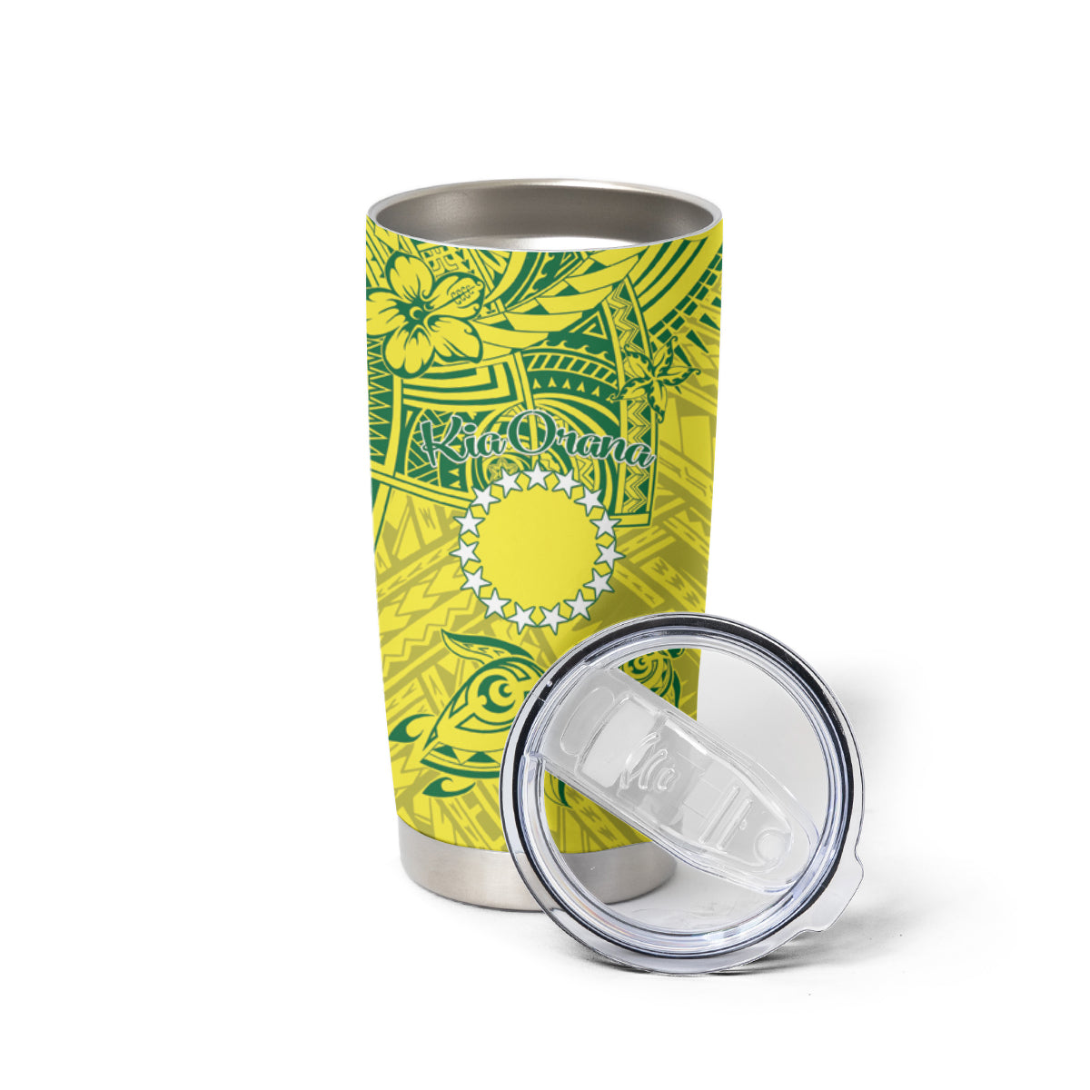 Kia Orana Cook Islands Tumbler Cup Turtle Yellow Green Polynesian Pattern