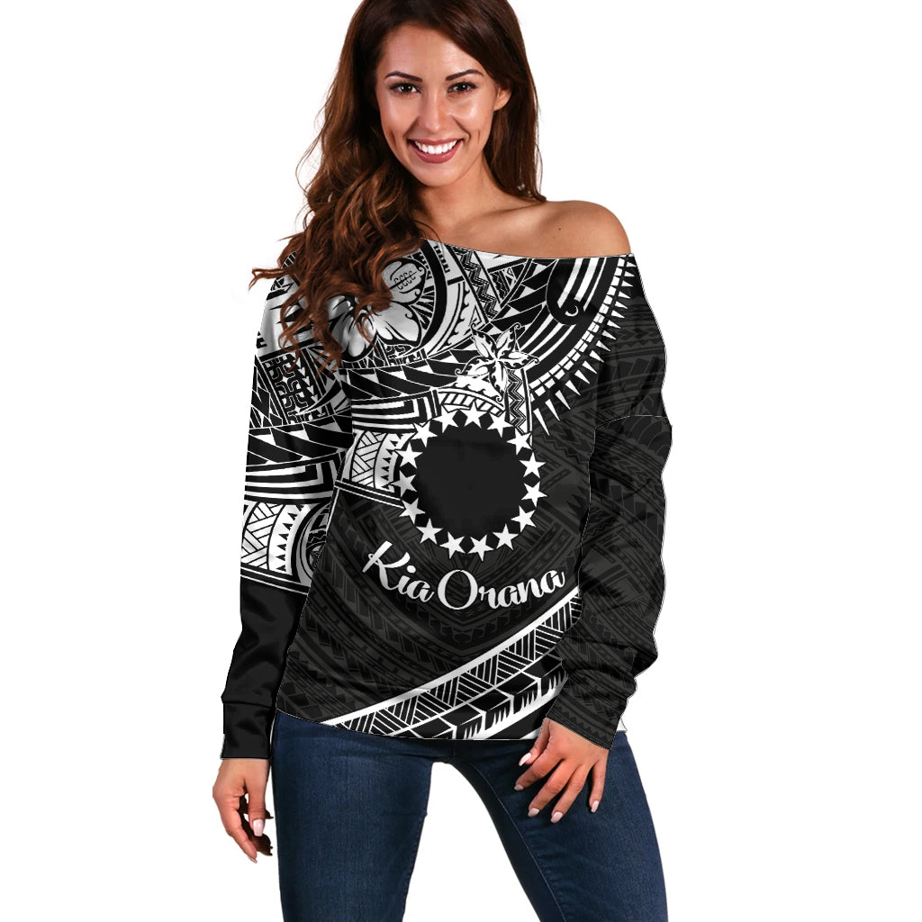 Kia Orana Cook Islands Off Shoulder Sweater Circle Stars With Floral White Pattern LT01 Women Black - Polynesian Pride