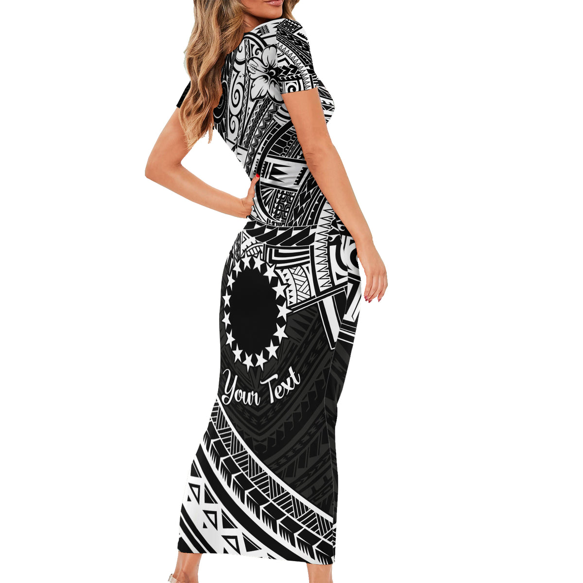 Kia Orana Cook Islands Short Sleeve Bodycon Dress Circle Stars With Floral White Pattern LT01 - Polynesian Pride
