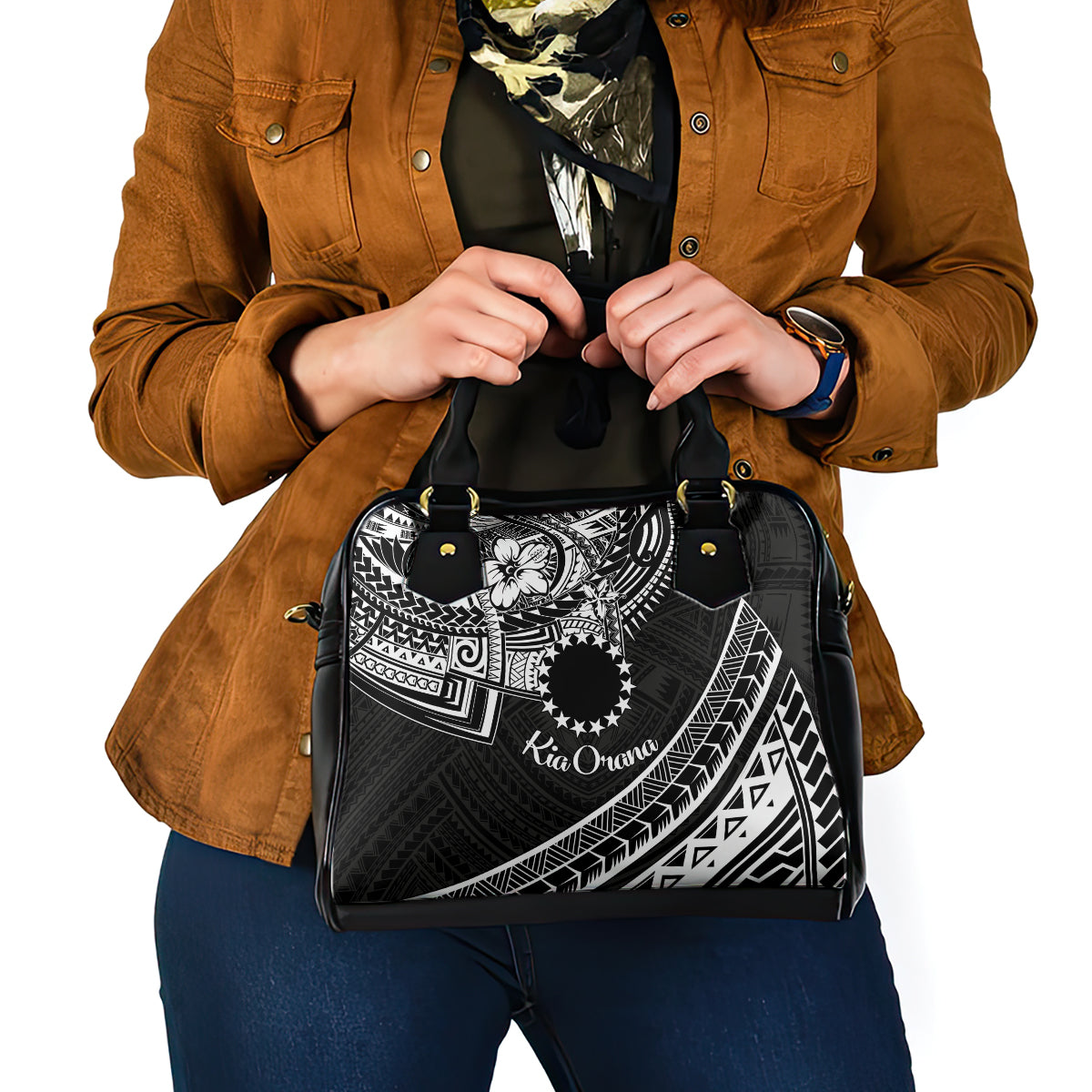 Kia Orana Cook Islands Shoulder Handbag Circle Stars With Floral White Pattern LT01 - Polynesian Pride