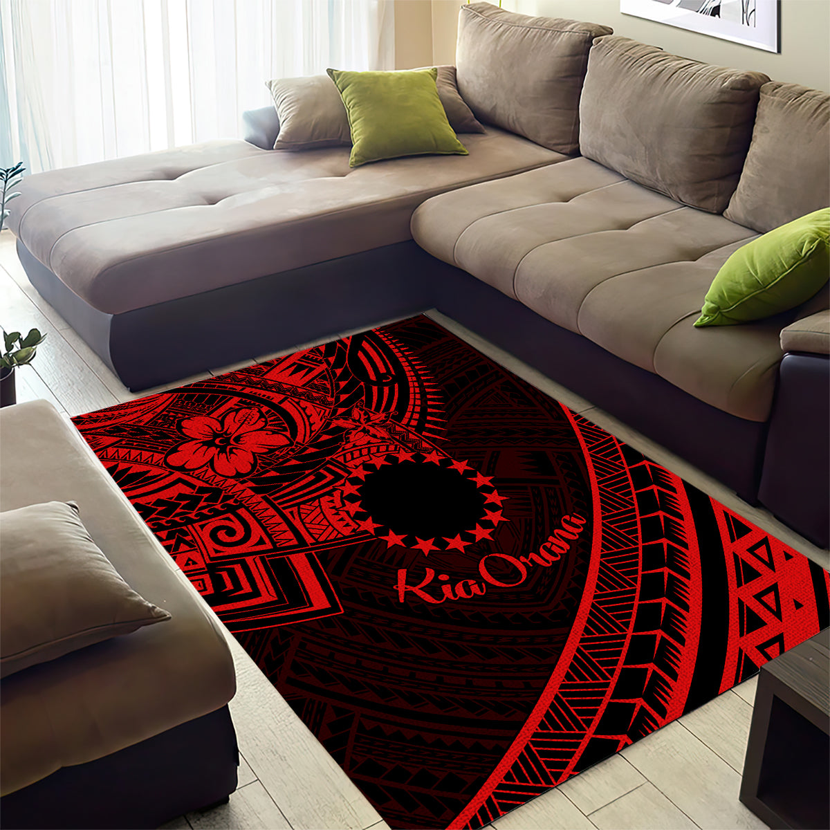Kia Orana Cook Islands Area Rug Circle Stars With Floral Red Pattern LT01 - Polynesian Pride