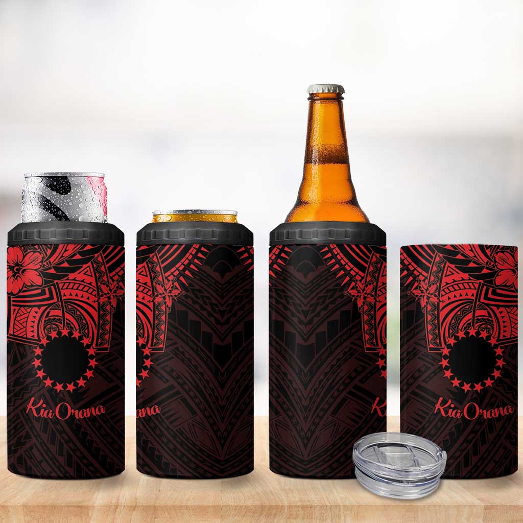 Kia Orana Cook Islands 4 in 1 Can Cooler Tumbler Circle Stars With Floral Red Pattern