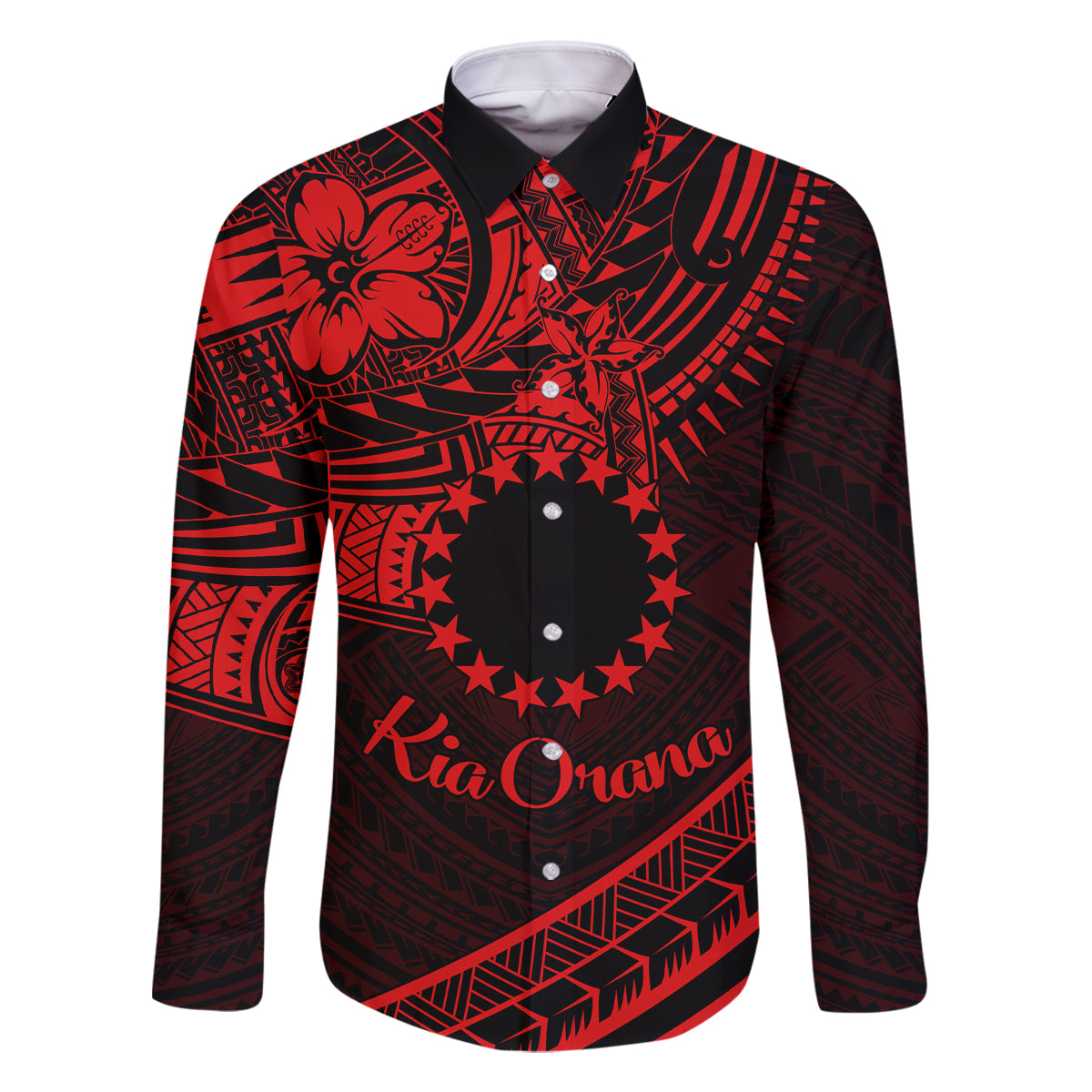 Kia Orana Cook Islands Family Matching Summer Maxi Dress and Hawaiian Shirt Circle Stars With Floral Red Pattern LT01 Dad's Shirt - Long Sleeve Red - Polynesian Pride
