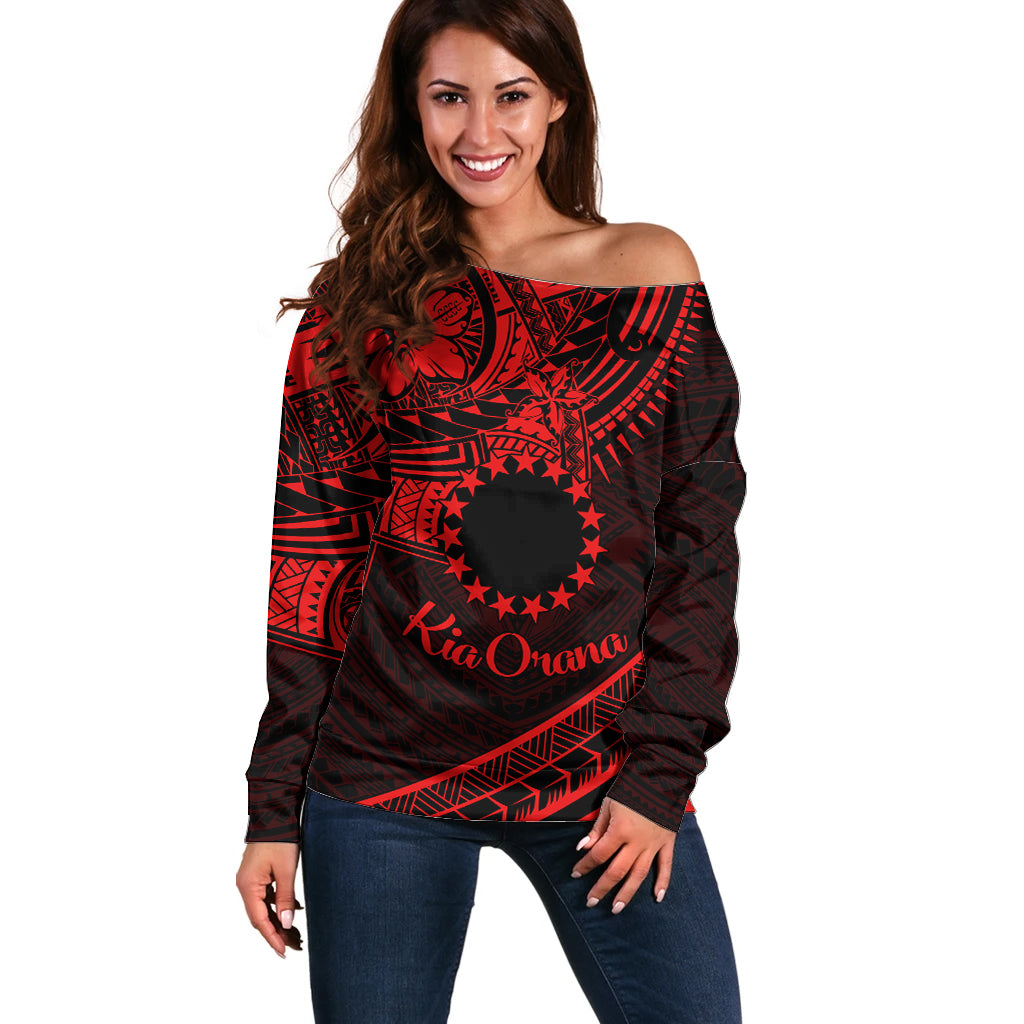 Kia Orana Cook Islands Off Shoulder Sweater Circle Stars With Floral Red Pattern LT01 Women Red - Polynesian Pride