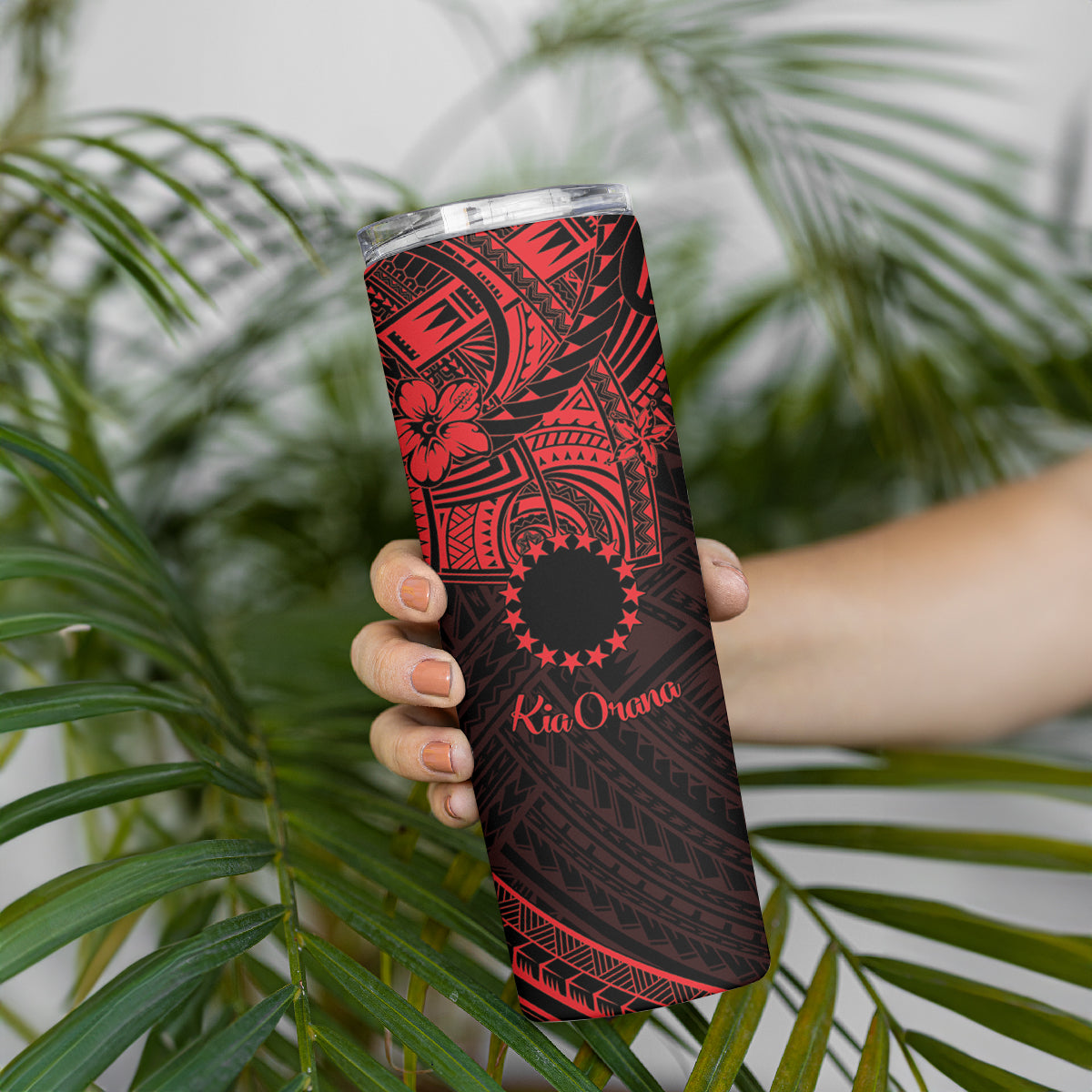 Kia Orana Cook Islands Skinny Tumbler Circle Stars With Floral Red Pattern