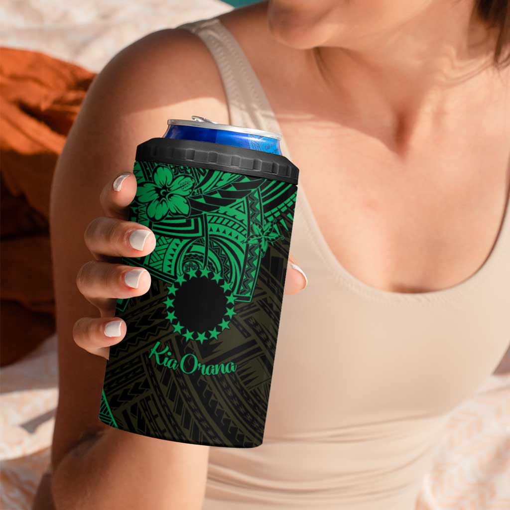 Kia Orana Cook Islands 4 in 1 Can Cooler Tumbler Circle Stars With Floral Green Pattern