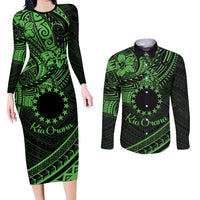 Kia Orana Cook Islands Couples Matching Long Sleeve Bodycon Dress and Long Sleeve Button Shirt Circle Stars With Floral Green Pattern LT01 Green - Polynesian Pride