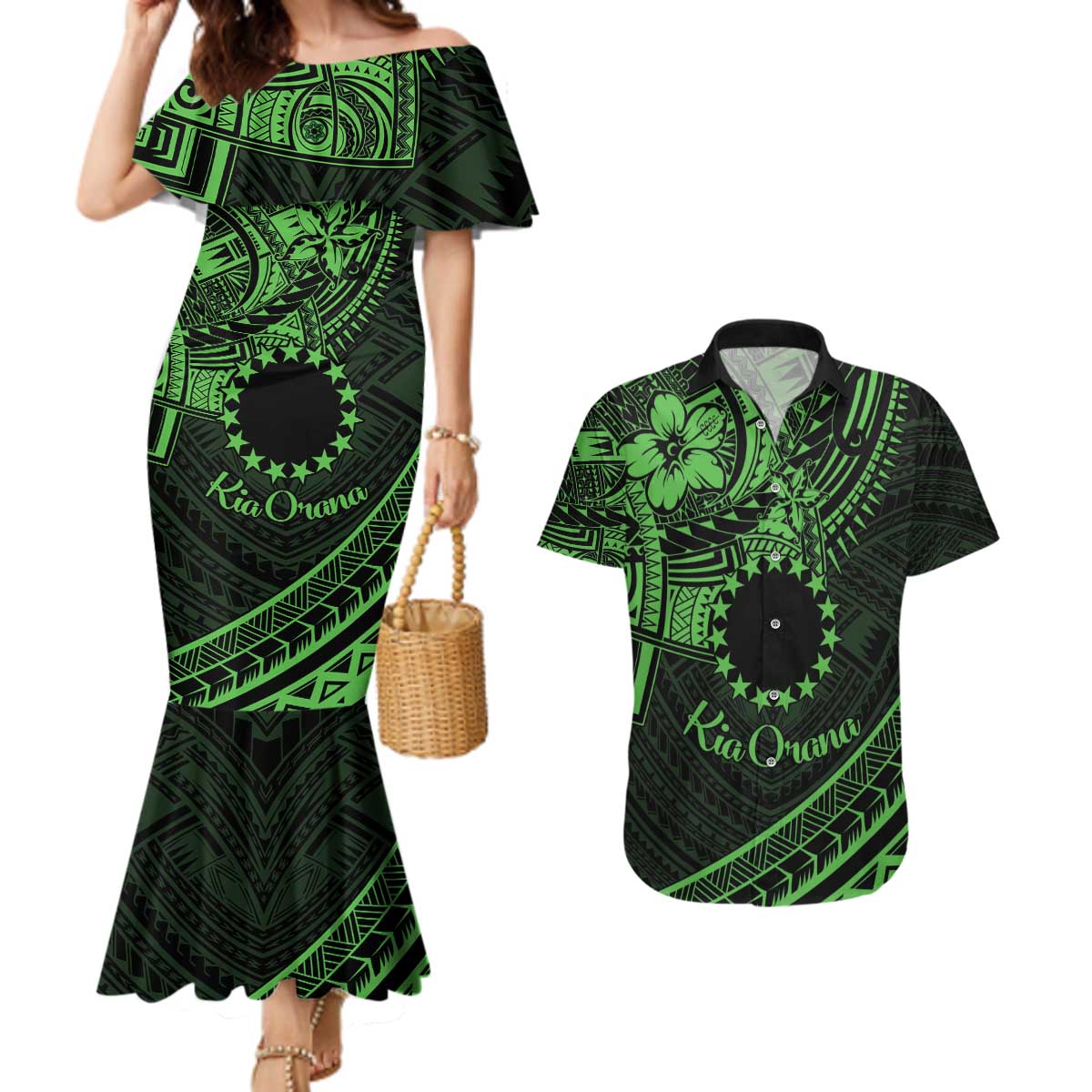 Kia Orana Cook Islands Couples Matching Mermaid Dress and Hawaiian Shirt Circle Stars With Floral Green Pattern LT01 Green - Polynesian Pride