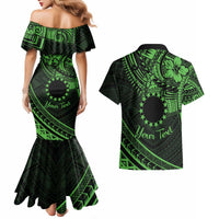 Kia Orana Cook Islands Couples Matching Mermaid Dress and Hawaiian Shirt Circle Stars With Floral Green Pattern LT01 - Polynesian Pride