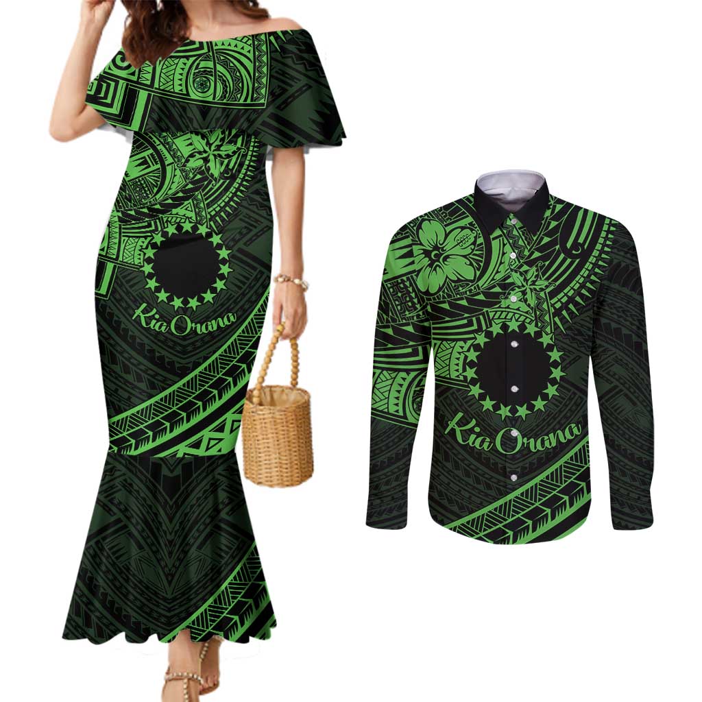 Kia Orana Cook Islands Couples Matching Mermaid Dress and Long Sleeve Button Shirt Circle Stars With Floral Green Pattern LT01 Green - Polynesian Pride