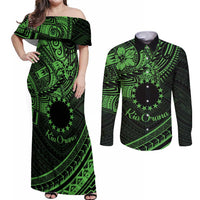 Kia Orana Cook Islands Couples Matching Off Shoulder Maxi Dress and Long Sleeve Button Shirt Circle Stars With Floral Green Pattern LT01 Green - Polynesian Pride