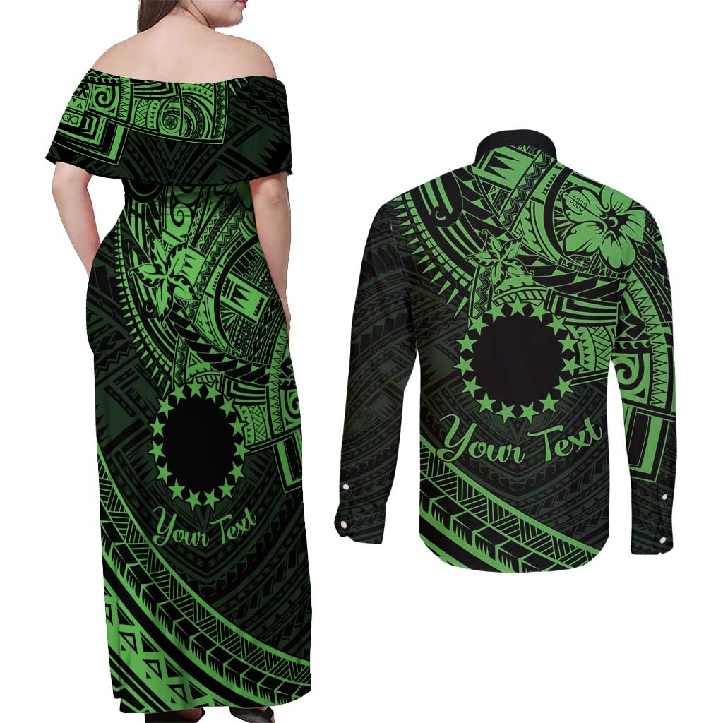 Kia Orana Cook Islands Couples Matching Off Shoulder Maxi Dress and Long Sleeve Button Shirt Circle Stars With Floral Green Pattern LT01 - Polynesian Pride