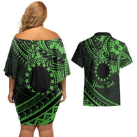 Kia Orana Cook Islands Couples Matching Off Shoulder Short Dress and Hawaiian Shirt Circle Stars With Floral Green Pattern LT01 - Polynesian Pride