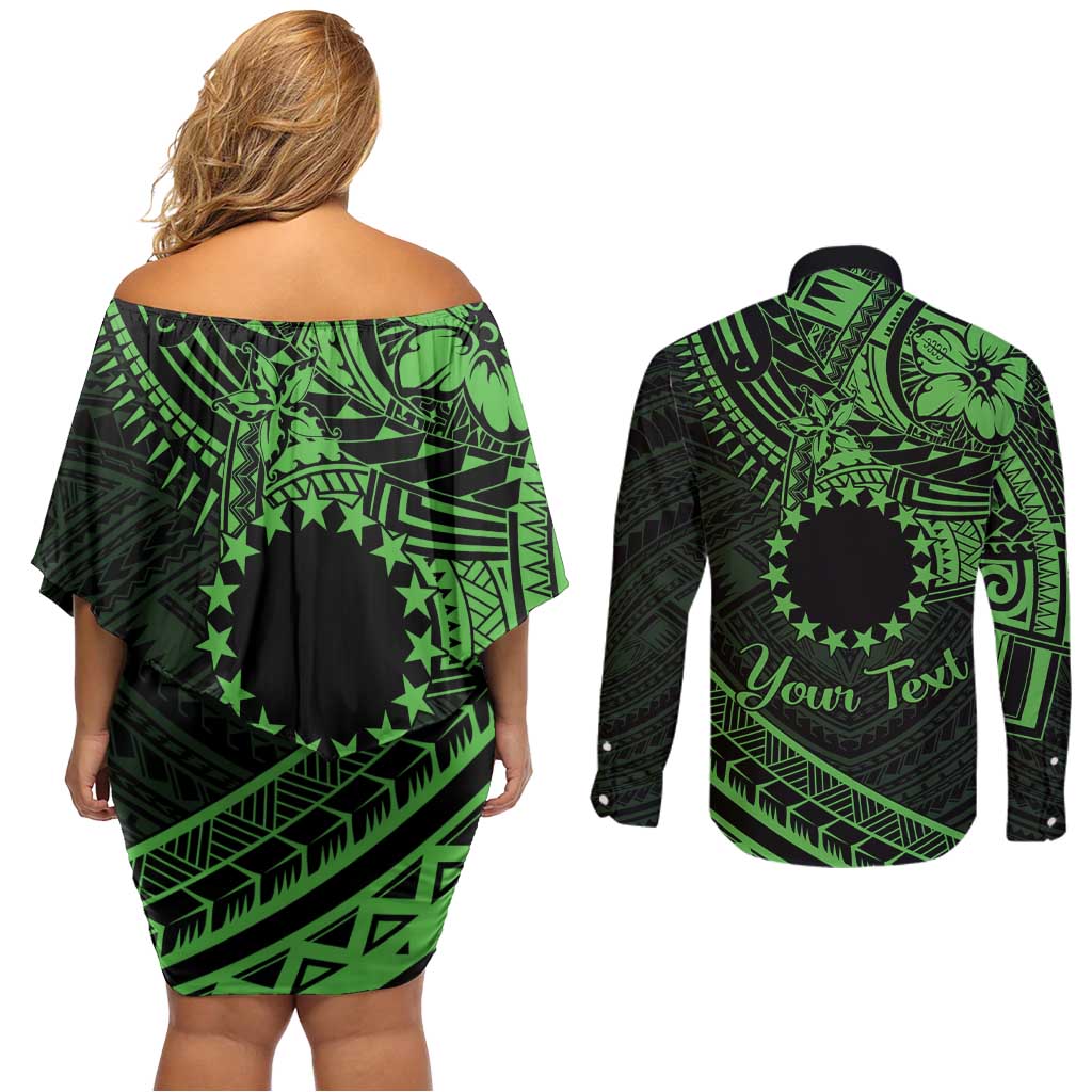 Kia Orana Cook Islands Couples Matching Off Shoulder Short Dress and Long Sleeve Button Shirt Circle Stars With Floral Green Pattern LT01 - Polynesian Pride