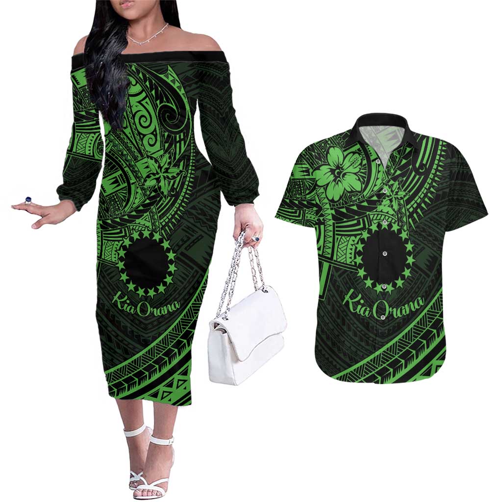 Kia Orana Cook Islands Couples Matching Off The Shoulder Long Sleeve Dress and Hawaiian Shirt Circle Stars With Floral Green Pattern LT01 Green - Polynesian Pride