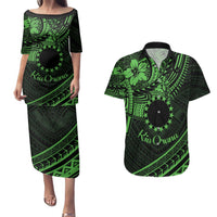Kia Orana Cook Islands Couples Matching Puletasi Dress and Hawaiian Shirt Circle Stars With Floral Green Pattern LT01 Green - Polynesian Pride