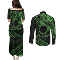 Kia Orana Cook Islands Couples Matching Puletasi Dress and Long Sleeve Button Shirt Circle Stars With Floral Green Pattern LT01 - Polynesian Pride