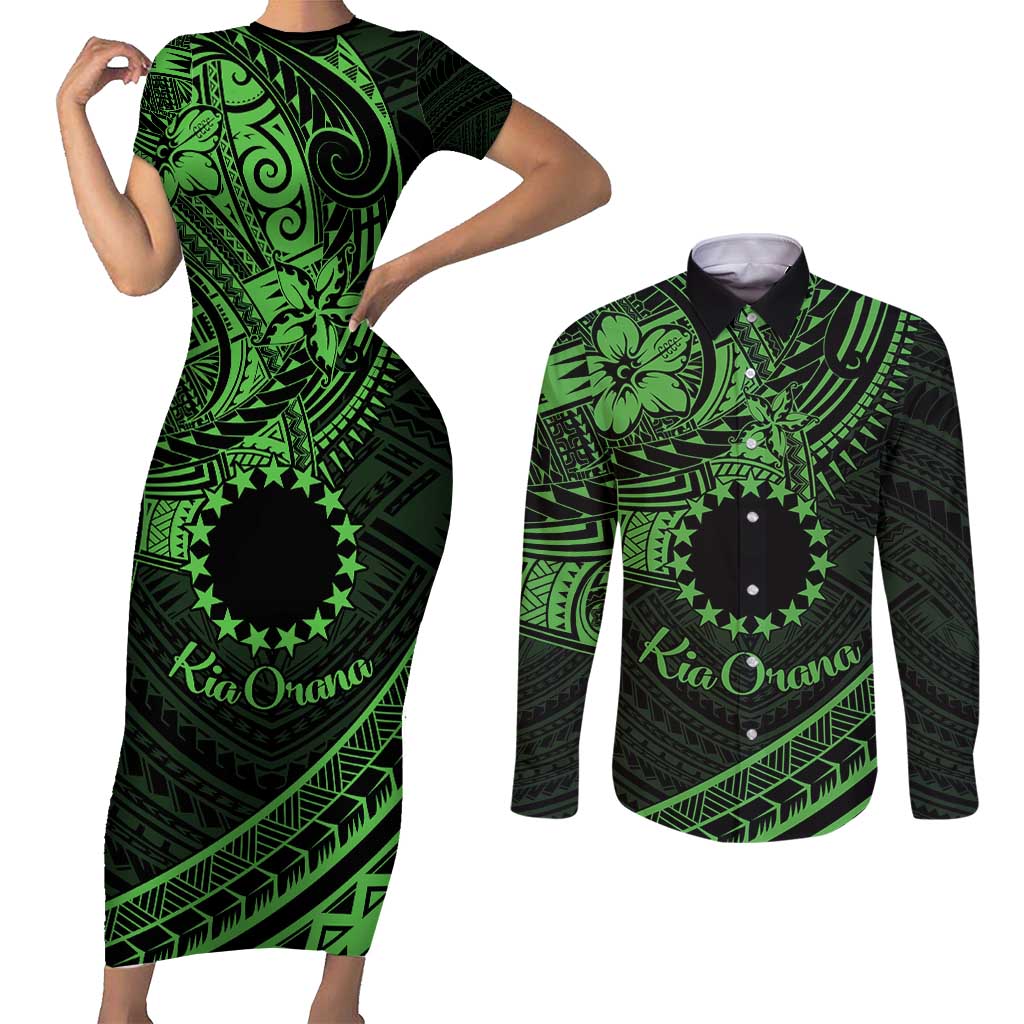 Kia Orana Cook Islands Couples Matching Short Sleeve Bodycon Dress and Long Sleeve Button Shirt Circle Stars With Floral Green Pattern LT01 Green - Polynesian Pride