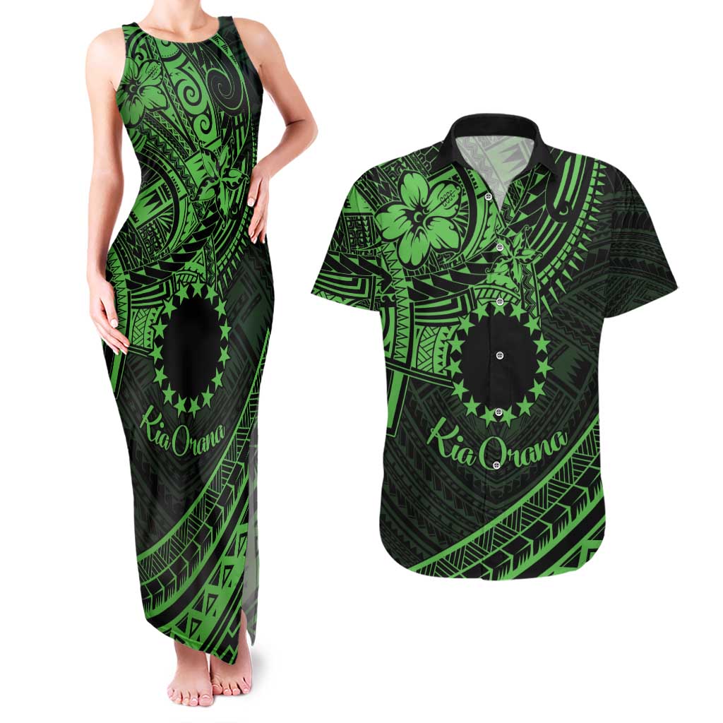 Kia Orana Cook Islands Couples Matching Tank Maxi Dress and Hawaiian Shirt Circle Stars With Floral Green Pattern LT01 Green - Polynesian Pride