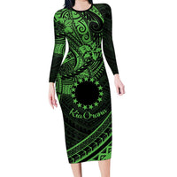 Kia Orana Cook Islands Family Matching Long Sleeve Bodycon Dress and Hawaiian Shirt Circle Stars With Floral Green Pattern LT01 Mom's Dress Green - Polynesian Pride