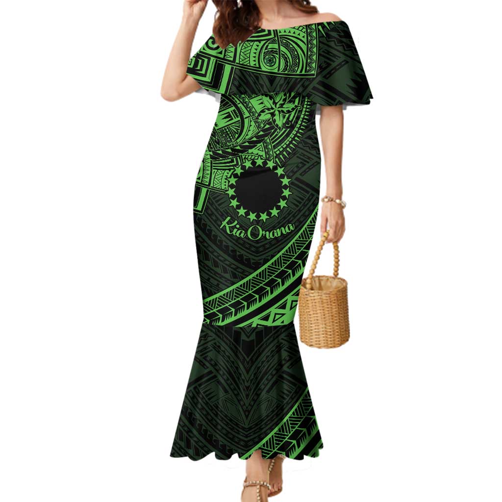 Kia Orana Cook Islands Family Matching Mermaid Dress and Hawaiian Shirt Circle Stars With Floral Green Pattern LT01 Mom's Dress Green - Polynesian Pride