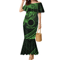 Kia Orana Cook Islands Family Matching Mermaid Dress and Hawaiian Shirt Circle Stars With Floral Green Pattern LT01 Mom's Dress Green - Polynesian Pride