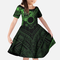 Kia Orana Cook Islands Family Matching Off Shoulder Long Sleeve Dress and Hawaiian Shirt Circle Stars With Floral Green Pattern LT01 Daughter's Dress Green - Polynesian Pride