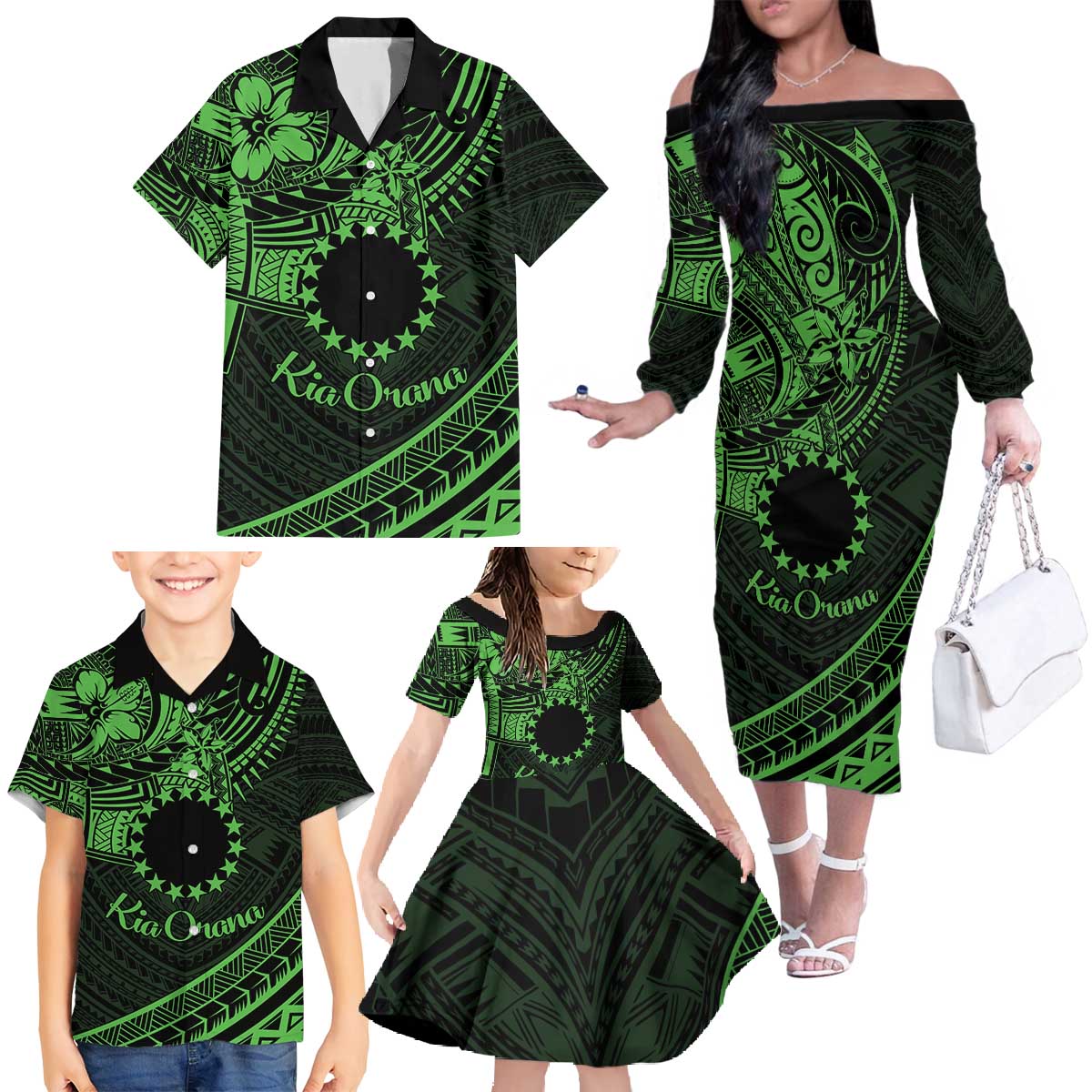Kia Orana Cook Islands Family Matching Off Shoulder Long Sleeve Dress and Hawaiian Shirt Circle Stars With Floral Green Pattern LT01 - Polynesian Pride