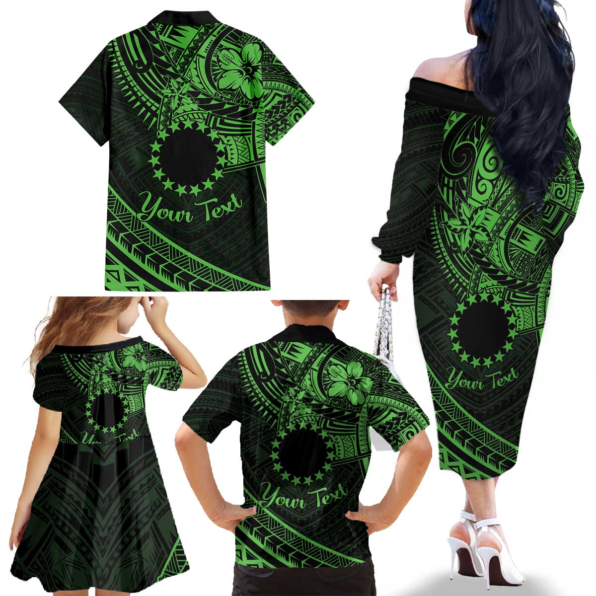 Kia Orana Cook Islands Family Matching Off Shoulder Long Sleeve Dress and Hawaiian Shirt Circle Stars With Floral Green Pattern LT01 - Polynesian Pride