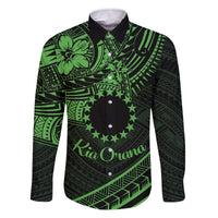 Kia Orana Cook Islands Family Matching Off Shoulder Long Sleeve Dress and Hawaiian Shirt Circle Stars With Floral Green Pattern LT01 Dad's Shirt - Long Sleeve Green - Polynesian Pride