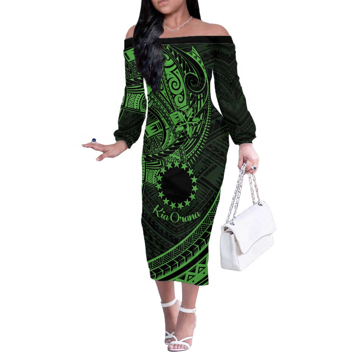 Kia Orana Cook Islands Family Matching Off Shoulder Long Sleeve Dress and Hawaiian Shirt Circle Stars With Floral Green Pattern LT01 Mom's Dress Green - Polynesian Pride